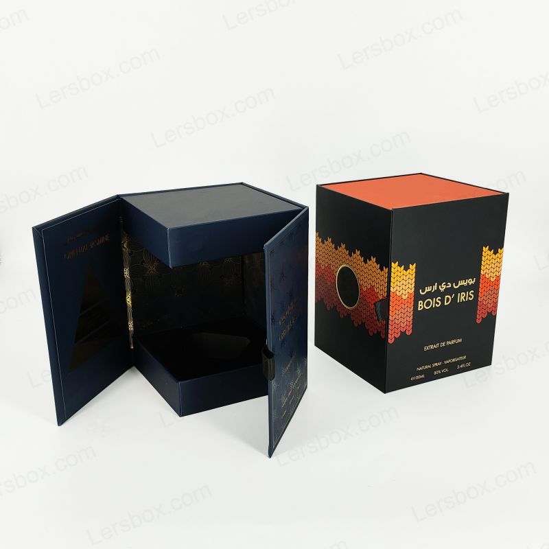 Caja de perfume rígido de lujo con logotipo de lámina de oro personalizado y elegante bandeja Eva HP002