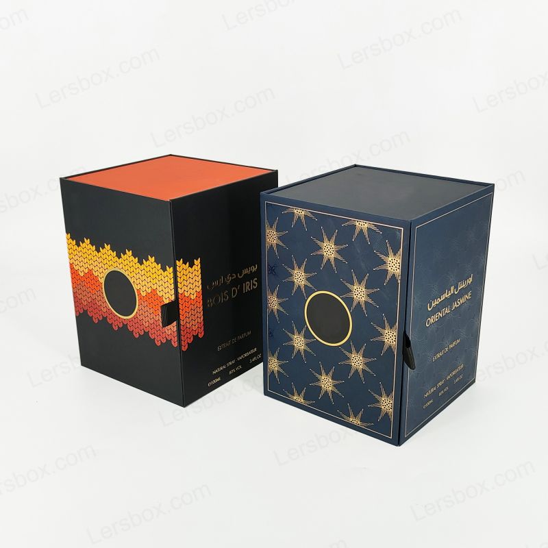 Caja de perfume rígido de lujo con logotipo de lámina de oro personalizado y elegante bandeja Eva HP002
