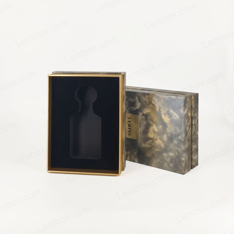 Caja de perfume de aluminio de oro elegante con bandeja Eva para pantalla de fragancia y base rígida de tapa HP020