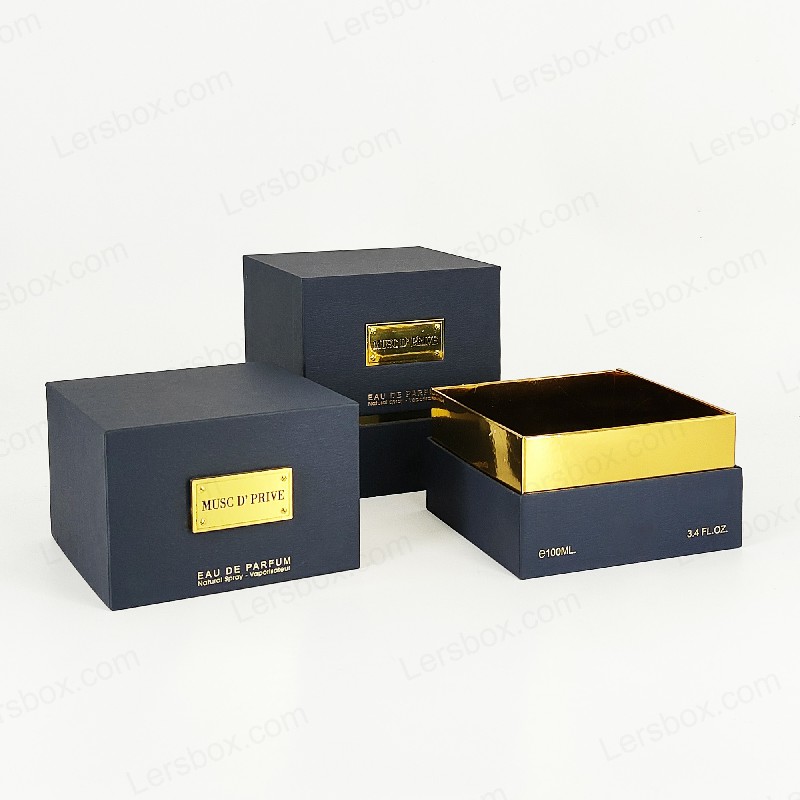 Embalaje de perfume de aluminio de oro de lujo con estructura rígida artesanal e inserto de bandeja EVA HP030