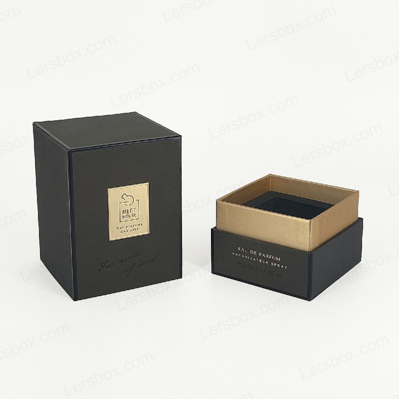 Caja de perfume de aluminio de oro con tapa rígida, base y bandeja de espuma EVA para exhibición lujosa HP034