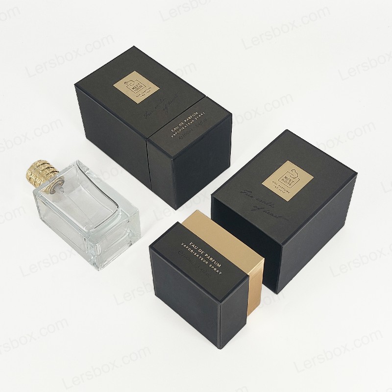 Caja de perfume de aluminio de oro con tapa rígida, base y bandeja de espuma EVA para exhibición lujosa HP034