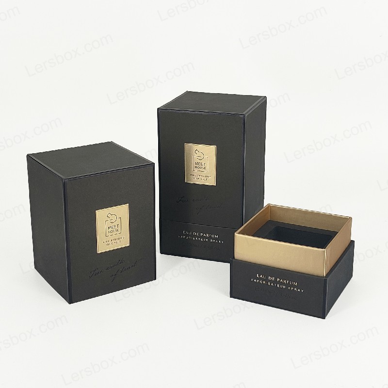 Caja de perfume de aluminio de oro con tapa rígida, base y bandeja de espuma EVA para exhibición lujosa HP034
